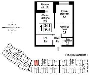 1-к квартира, строящийся дом, 35м2, 16/23 этаж