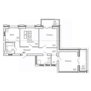 3-к квартира, строящийся дом, 80м2, 3/4 этаж