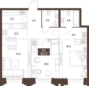 3-к квартира, строящийся дом, 85м2, 2/16 этаж