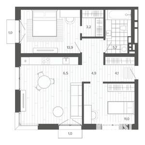3-к квартира, строящийся дом, 67м2, 4/9 этаж