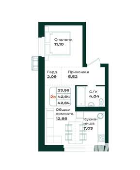 2-к квартира, вторичка, 43м2, 2/13 этаж