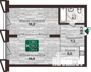 2-к квартира, строящийся дом, 56м2, 22/22 этаж