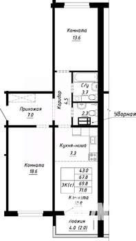 3-к квартира, строящийся дом, 70м2, 9/10 этаж