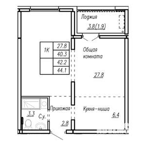 1-к квартира, строящийся дом, 42м2, 2/22 этаж