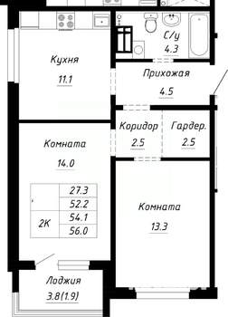 2-к квартира, строящийся дом, 54м2, 5/10 этаж