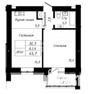 2-к квартира, вторичка, 46м2, 1/10 этаж