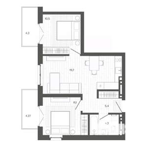 3-к квартира, строящийся дом, 59м2, 6/9 этаж