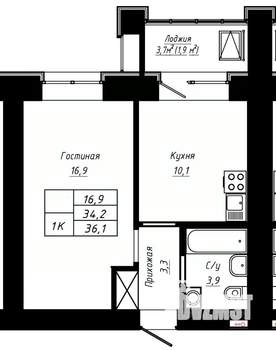1-к квартира, строящийся дом, 36м2, 13/16 этаж