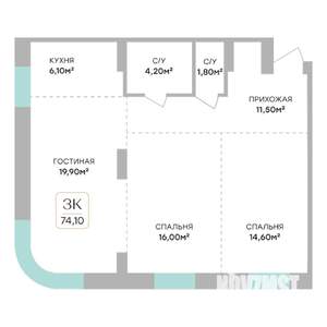 3-к квартира, строящийся дом, 74м2, 2/7 этаж