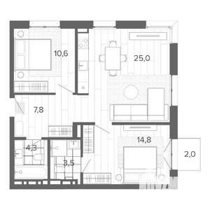 3-к квартира, строящийся дом, 68м2, 3/9 этаж