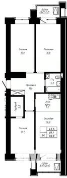 3-к квартира, строящийся дом, 89м2, 7/16 этаж
