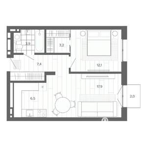 2-к квартира, вторичка, 53м2, 5/9 этаж