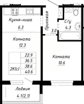 2-к квартира, строящийся дом, 39м2, 9/10 этаж