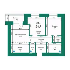 3-к квартира, строящийся дом, 55м2, 10/10 этаж