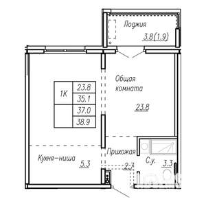 1-к квартира, строящийся дом, 37м2, 13/17 этаж
