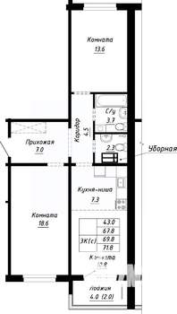 3-к квартира, строящийся дом, 70м2, 9/10 этаж