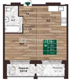 2-к квартира, вторичка, 43м2, 7/16 этаж