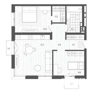3-к квартира, строящийся дом, 68м2, 3/9 этаж