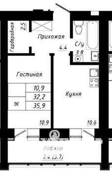 1-к квартира, строящийся дом, 36м2, 8/10 этаж