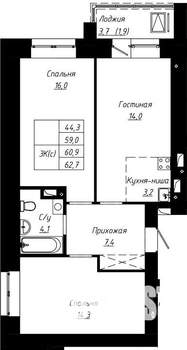 3-к квартира, строящийся дом, 61м2, 13/16 этаж