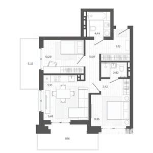 2-к квартира, строящийся дом, 70м2, 3/9 этаж