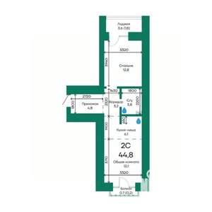 2-к квартира, строящийся дом, 45м2, 3/10 этаж