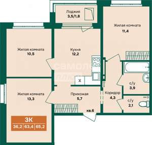 3-к квартира, вторичка, 65м2, 4/12 этаж