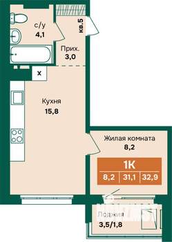 1-к квартира, вторичка, 33м2, 2/17 этаж
