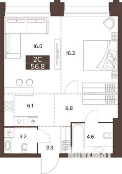 2-к квартира, строящийся дом, 57м2, 6/16 этаж