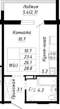 1-к квартира, строящийся дом, 26м2, 10/10 этаж