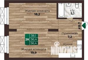 2-к квартира, строящийся дом, 56м2, 2/22 этаж