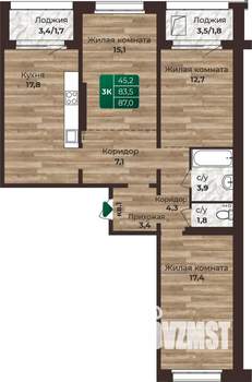 3-к квартира, строящийся дом, 87м2, 24/24 этаж