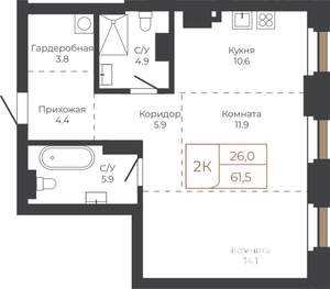 2-к квартира, строящийся дом, 61м2, 6/27 этаж