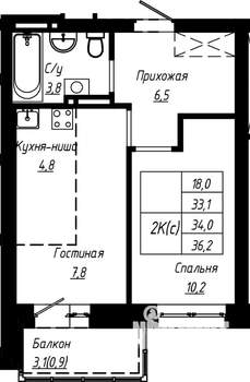 2-к квартира, строящийся дом, 34м2, 3/16 этаж