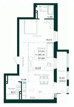 3-к квартира, строящийся дом, 68м2, 8/21 этаж