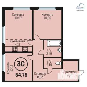 3-к квартира, строящийся дом, 55м2, 17/24 этаж