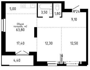 3-к квартира, строящийся дом, 64м2, 3/16 этаж