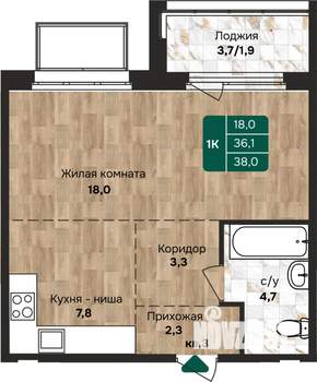 1-к квартира, строящийся дом, 38м2, 3/17 этаж