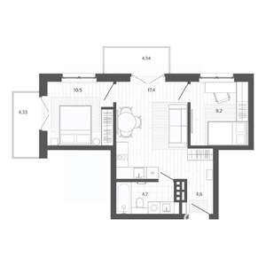 3-к квартира, строящийся дом, 55м2, 7/9 этаж