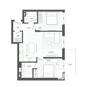 3-к квартира, строящийся дом, 69м2, 4/9 этаж