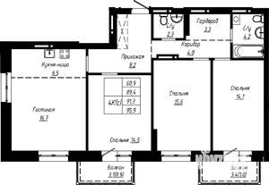 4-к квартира, строящийся дом, 91м2, 2/16 этаж