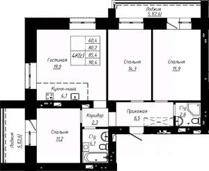 4-к квартира, строящийся дом, 85м2, 7/9 этаж