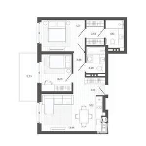 3-к квартира, строящийся дом, 63м2, 7/9 этаж