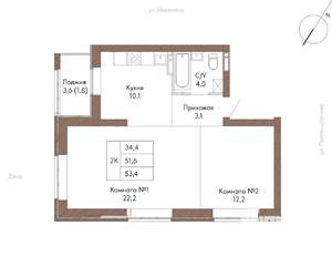2-к квартира, строящийся дом, 53м2, 8/16 этаж