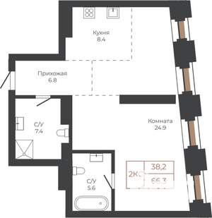 2-к квартира, строящийся дом, 66м2, 16/27 этаж