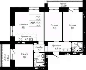 4-к квартира, строящийся дом, 85м2, 2/9 этаж