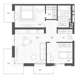 3-к квартира, строящийся дом, 78м2, 6/9 этаж