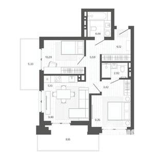 2-к квартира, строящийся дом, 70м2, 6/9 этаж