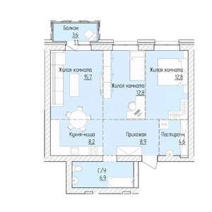 3-к квартира, строящийся дом, 71м2, 6/8 этаж