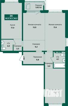 3-к квартира, вторичка, 89м2, 4/12 этаж
